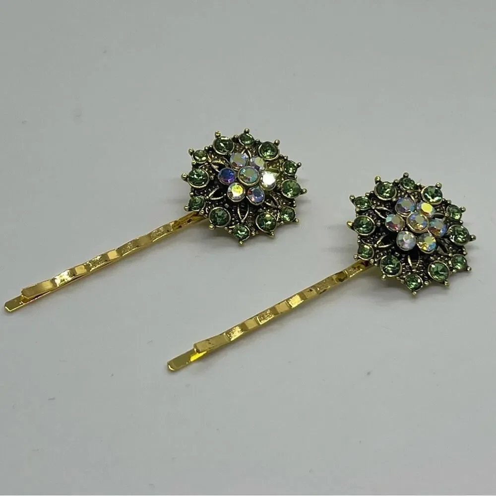 Handmade Green Iridescent Rhinestone Gold Set Hair Clips HoCo Fairy Jewelry NWT